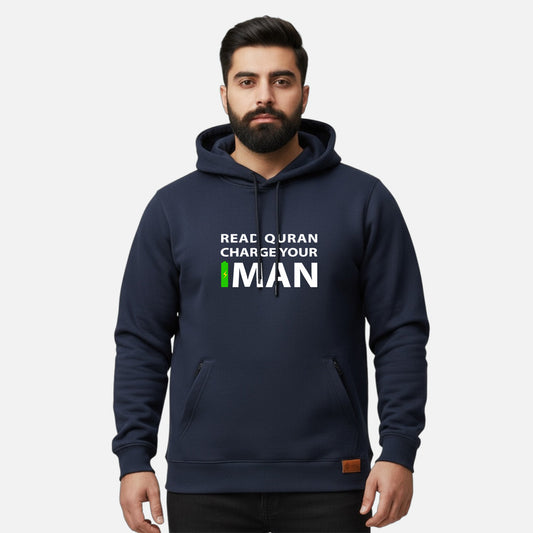 Sunnah Conscious navy blue cotton zipper hoodie with Read Quran Charge Your Iman graphic print worn by a man