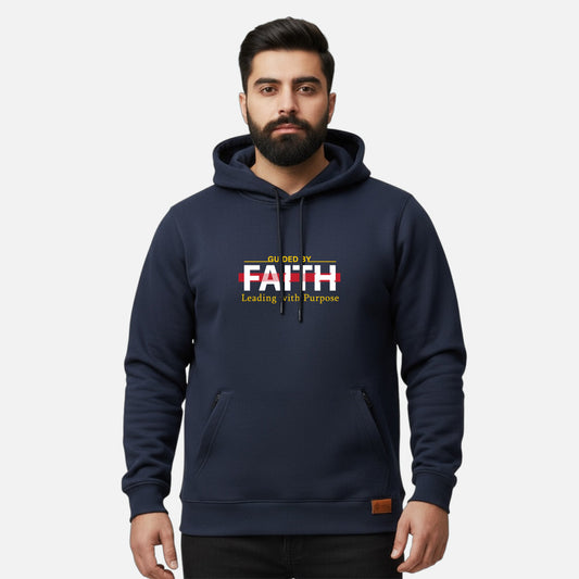 Sunnah Conscious navy blue cotton kangaroo hoodie featuring Guided By Faith Leading with Purpose graphic print