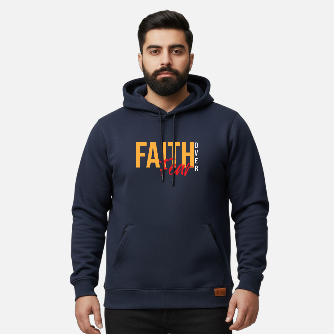 Sunnah Conscious navy blue cotton hoodie with Faith Over Fear graphic print worn by a bearded man