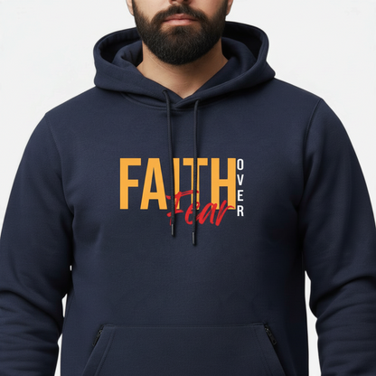 Sunnah Conscious navy blue cotton hoodie with Faith Over Fear graphic print and front kangaroo pocket