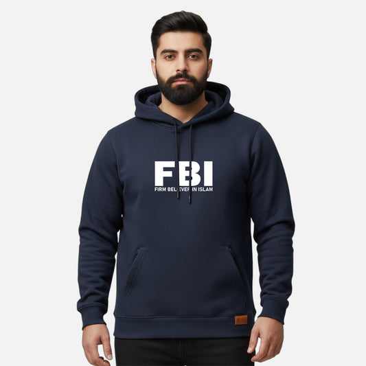 Sunnah Conscious navy blue cotton hoodie with white FBI Firm Believer In Islam graphic worn by a bearded man