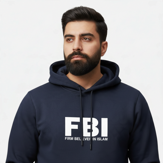 Sunnah Conscious navy blue cotton hoodie with white FBI Firm Believer In Islam text worn by a bearded man