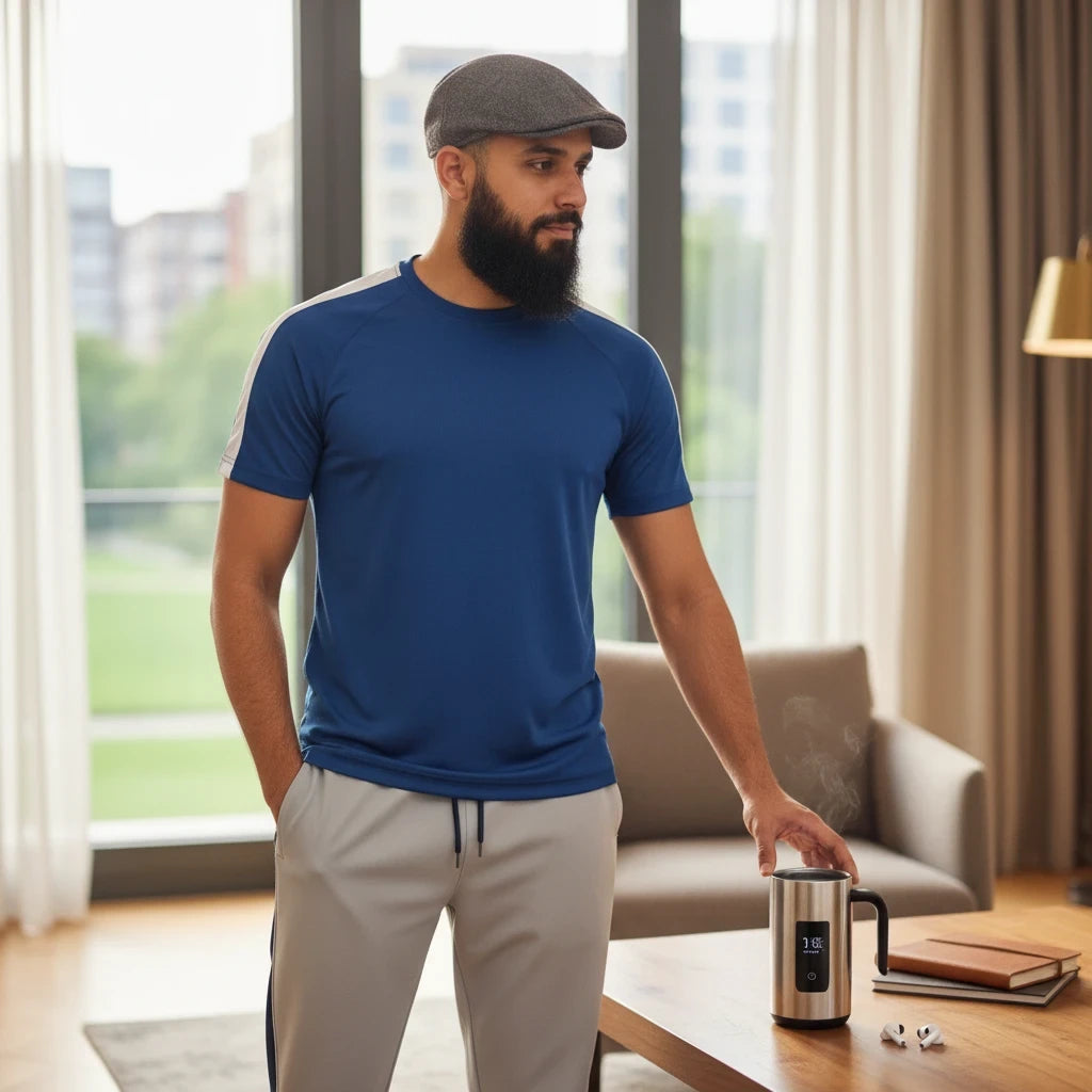 Sunnah Conscious navy blue t-shirt and steel grey track pants worn by a bearded man in a modern living room.