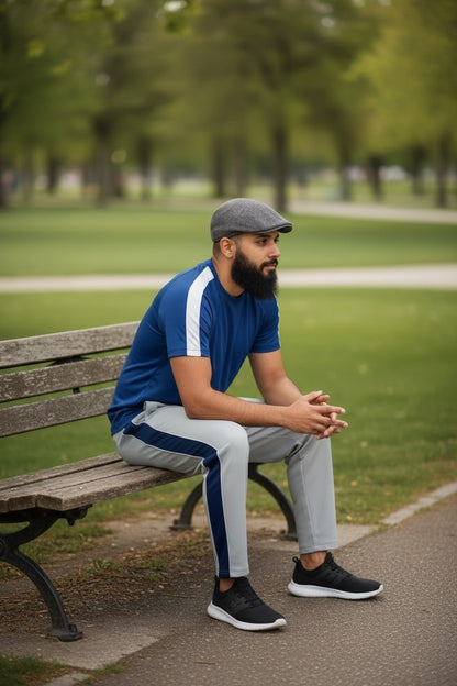Sunnah Conscious navy blue and steel grey cotton tracksuit worn by a bearded man sitting on a park bench