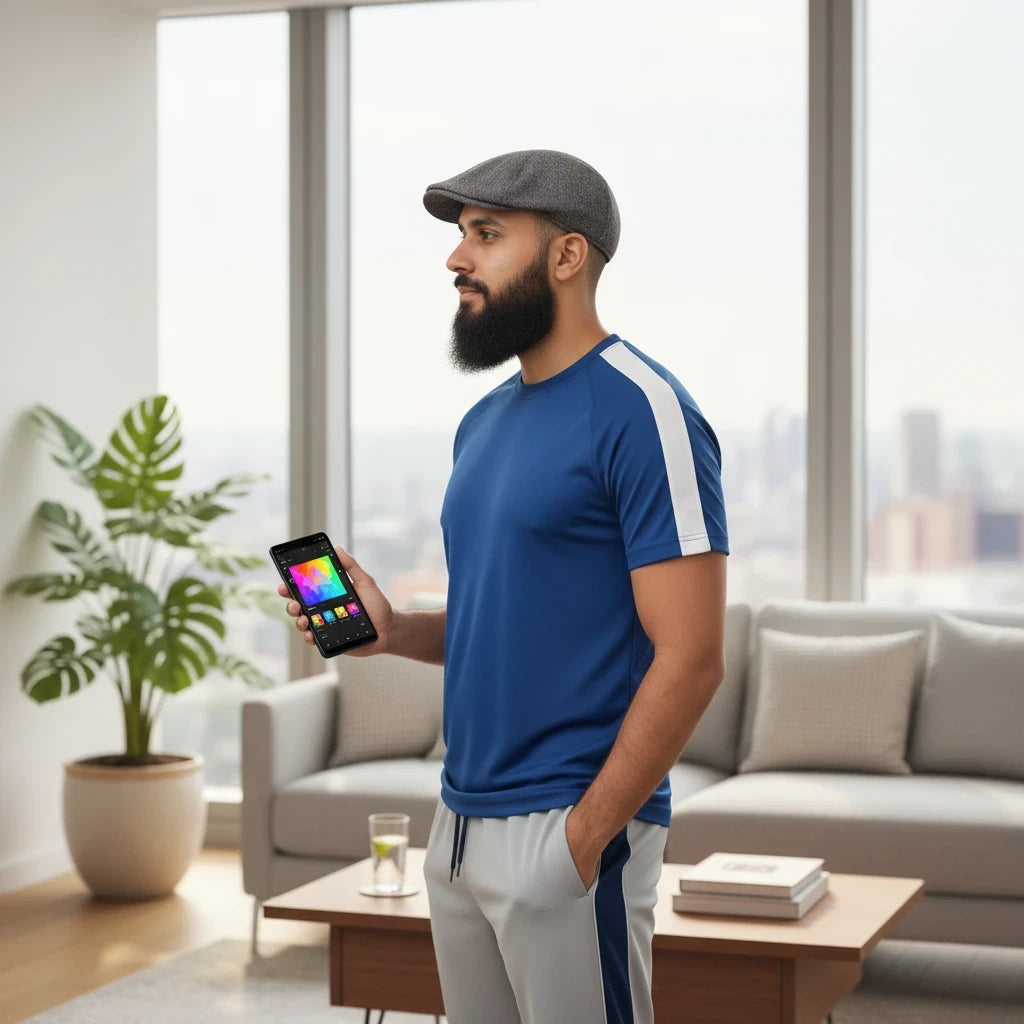 Sunnah Conscious navy blue and steel grey cotton tracksuit worn by a bearded man with a flat cap in a living room
