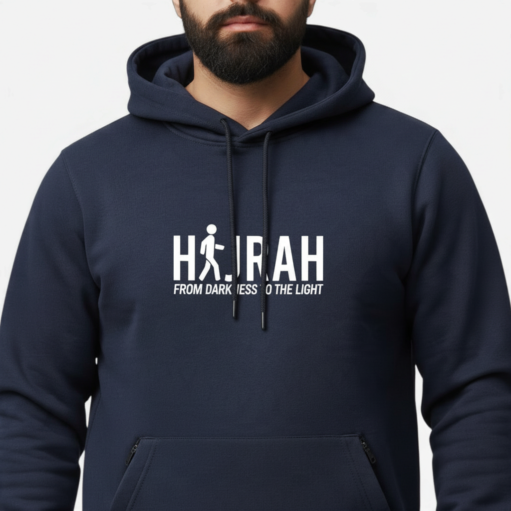 Sunnah Conscious navy blue cotton kangaroo hoodie featuring white Hijrah From Darkness To The Light graphic print