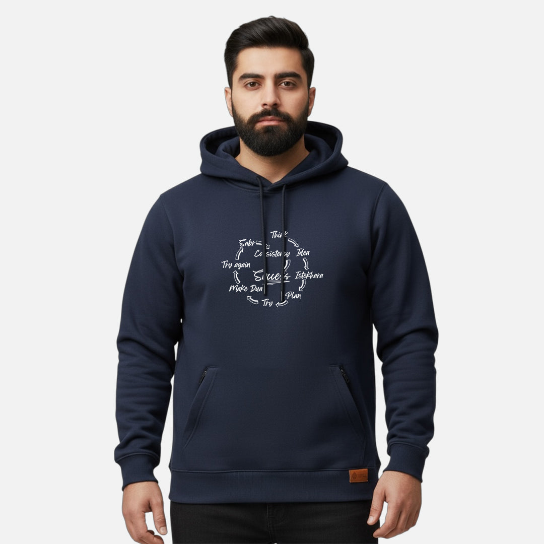 Sunnah Conscious navy blue cotton kangaroo hoodie with Success Circle graphic print worn by a bearded man