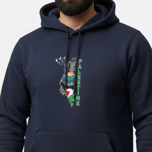 Sunnah Conscious navy blue cotton hoodie with a Free Palestine graphic print and front kangaroo pocket