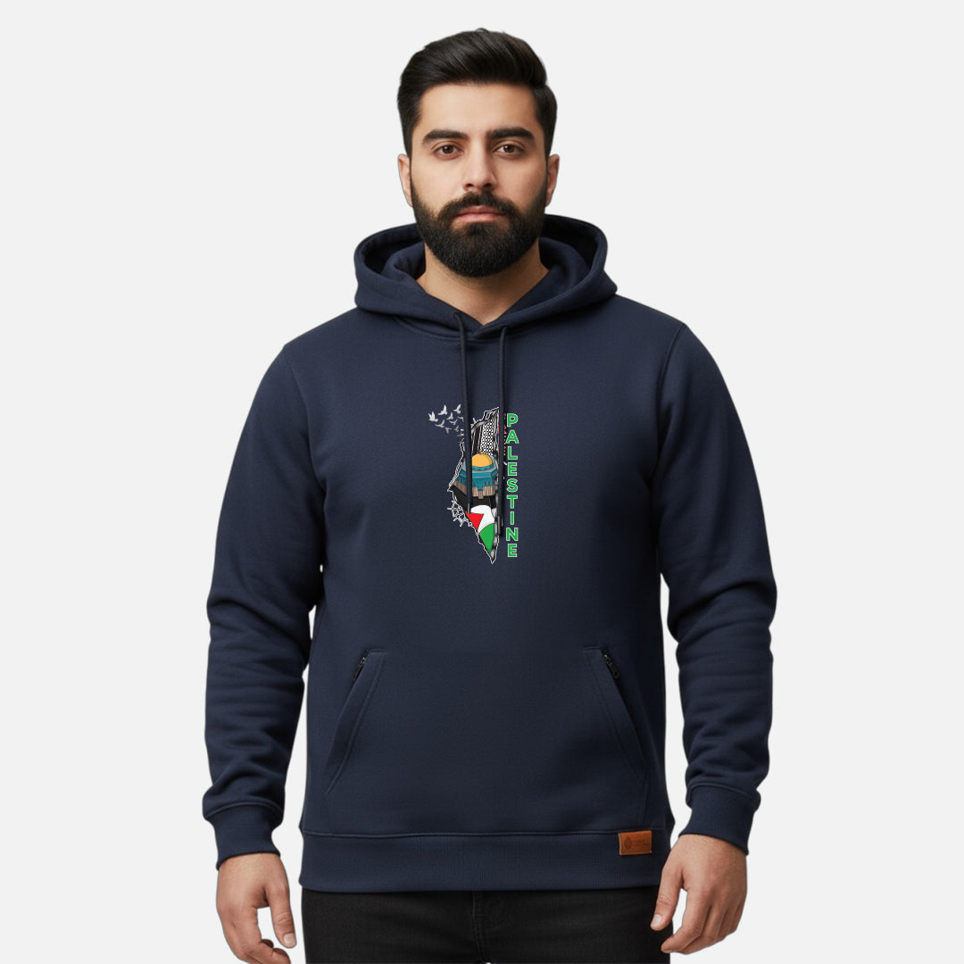 Sunnah Conscious navy blue cotton hoodie with a Free Palestine graphic print and front kangaroo pocket on a man