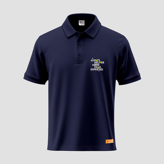 Sunnah Conscious navy blue cotton polo shirt with embroidered "Always Deliver More Than Expected"