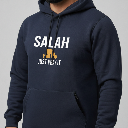 Sunnah Conscious navy blue cotton hoodie featuring Salah Just Pray It graphic print and front kangaroo pocket
