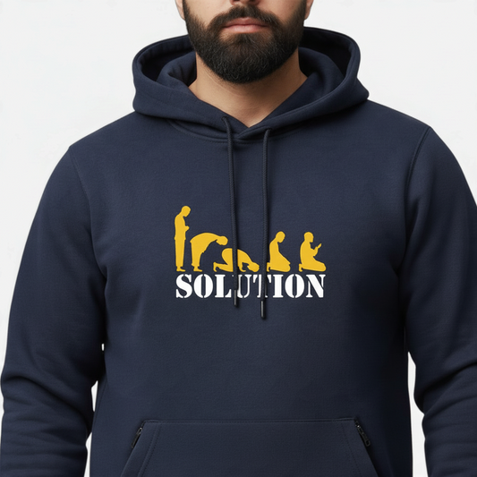 Sunnah Conscious navy blue cotton hoodie featuring a yellow graphic of prayer positions and the word SOLUTION