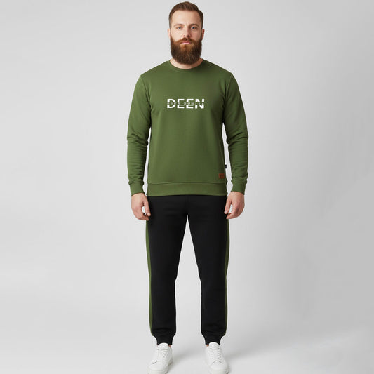Sunnah Conscious olive green and black scuba fabric tracksuit with DEEN DUNIYA graphic on the sweatshirt
