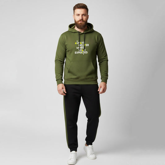 Sunnah Conscious olive green and black scuba fabric tracksuit with a kangaroo pocket hoodie and graphic print