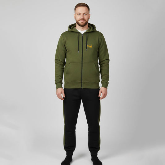 Sunnah Conscious olive green and black scuba fabric zipper hoodie tracksuit worn by a man against a grey background