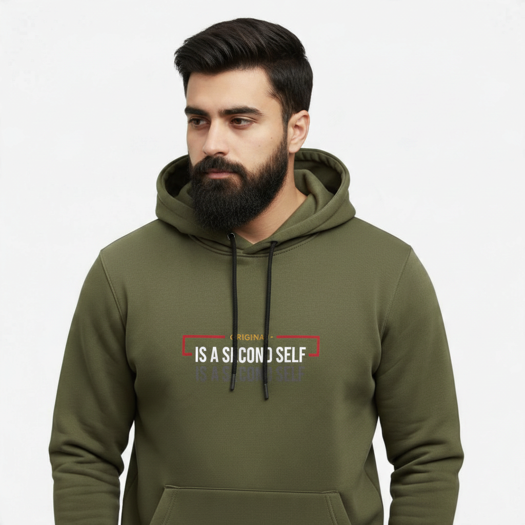 Sunnah Conscious olive green cotton hoodie with A Friend is a Second Self graphic print worn by a bearded man