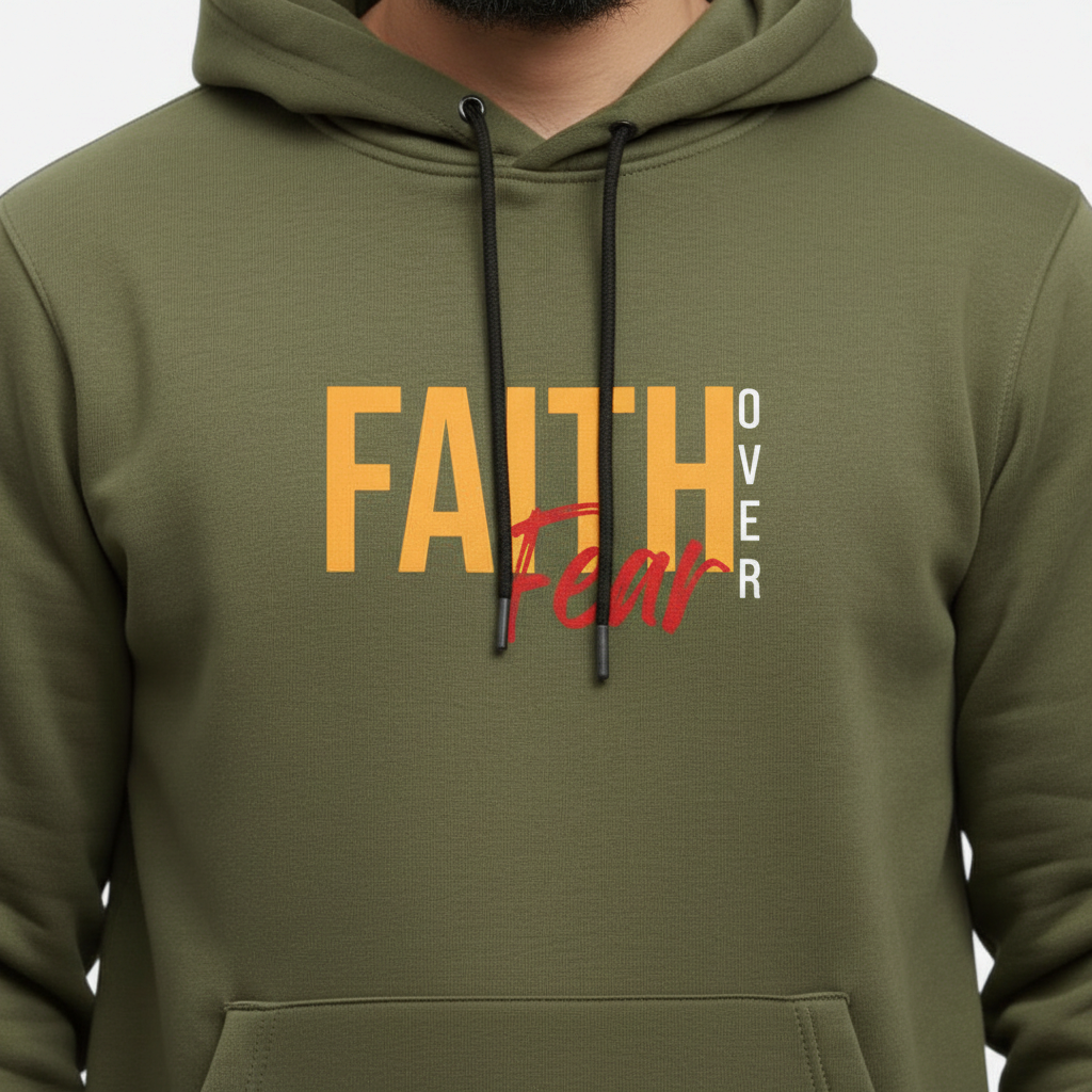 Sunnah Conscious olive green cotton hoodie with Faith Over Fear graphic print worn by a bearded man