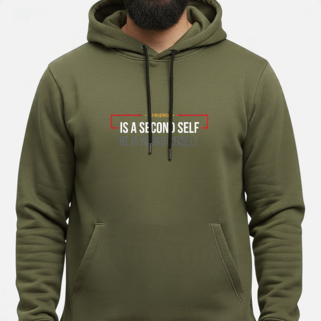 Sunnah Conscious olive green cotton hoodie with A Friend is a Second Self graphic print and front kangaroo pocket