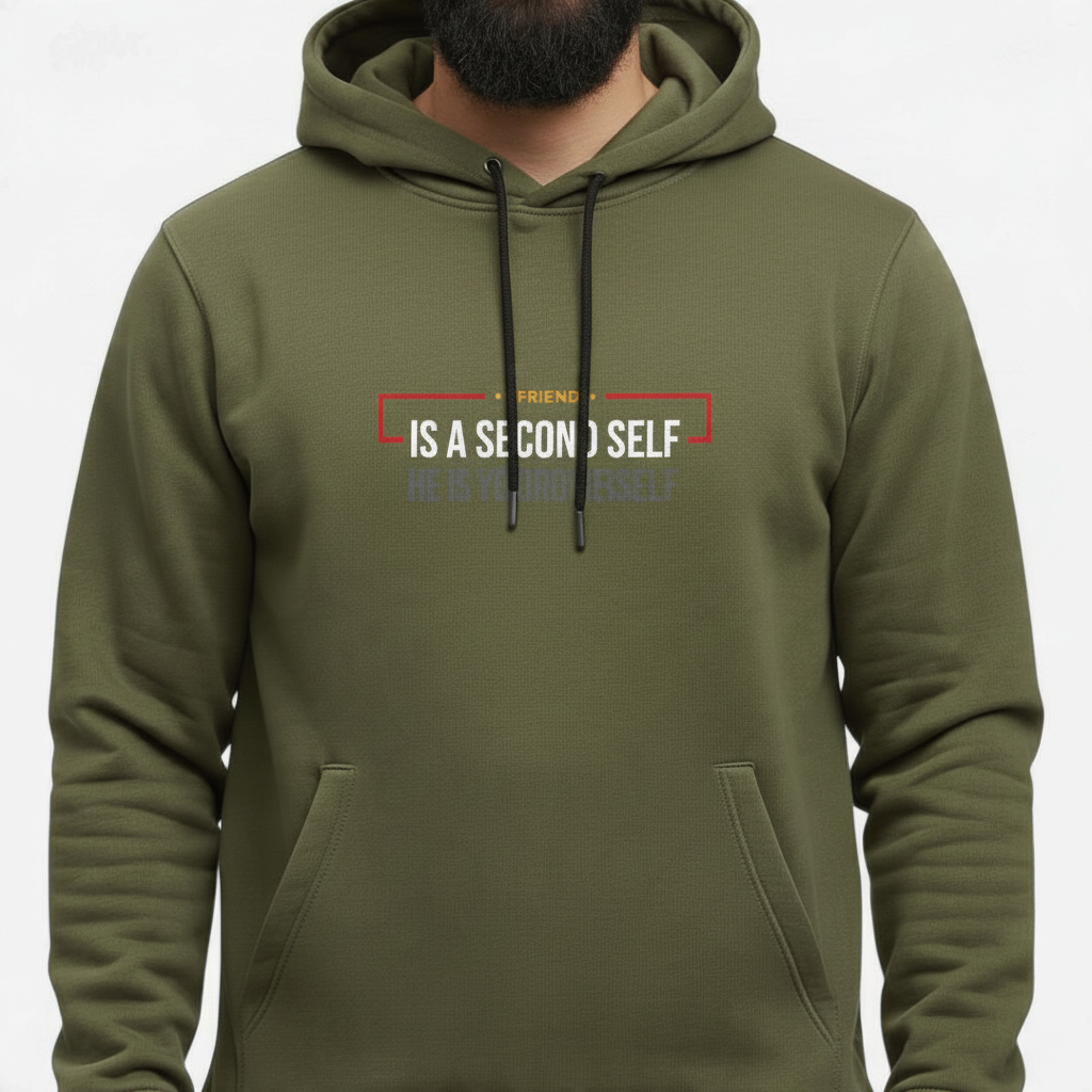 Sunnah Conscious olive green cotton hoodie with A Friend is a Second Self graphic print and front kangaroo pocket