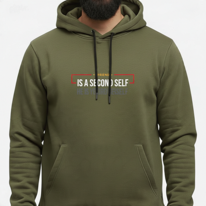 Sunnah Conscious olive green cotton hoodie with A Friend is a Second Self graphic print and front kangaroo pocket