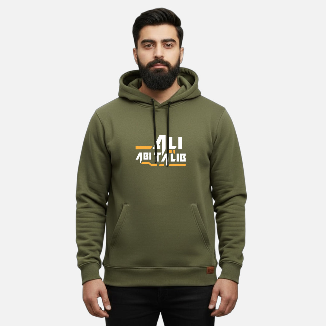 Sunnah Conscious olive green cotton hoodie with Ali ibn Abi Talib graphic print worn by a bearded man
