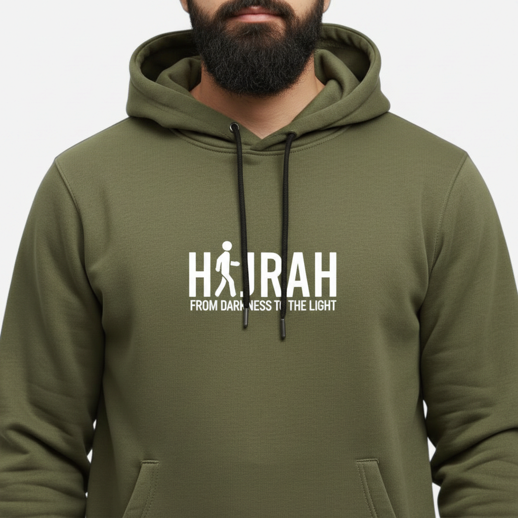 Sunnah Conscious olive green kangaroo hoodie with Hijrah From Darkness To The Light graphic print on chest