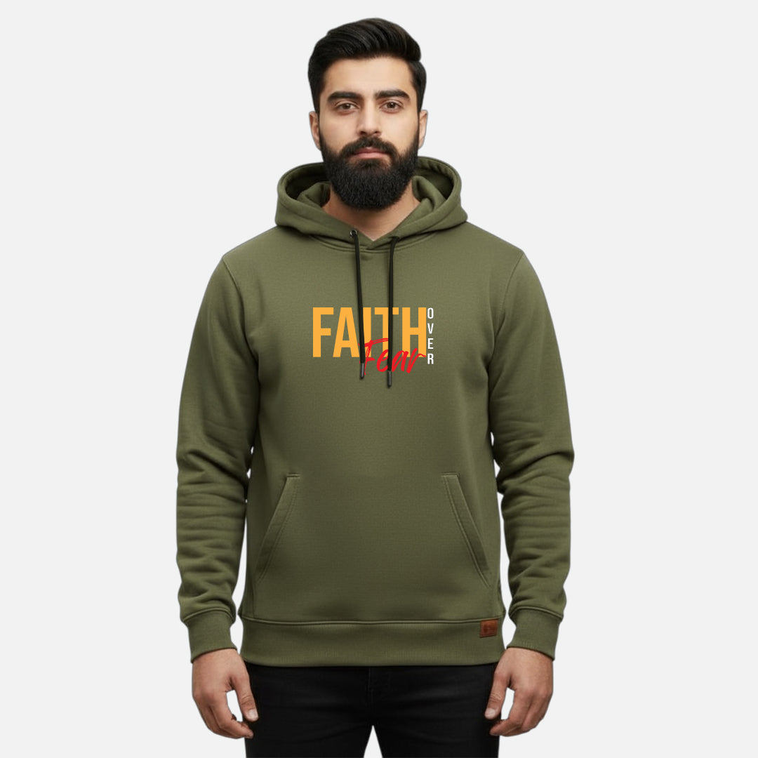 Sunnah Conscious olive green cotton hoodie with Faith Over Fear graphic print worn by a bearded man