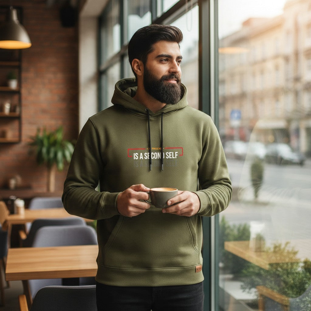 Sunnah Conscious olive green cotton hoodie with A Friend is a Second Self graphic worn by a bearded man in a cafe