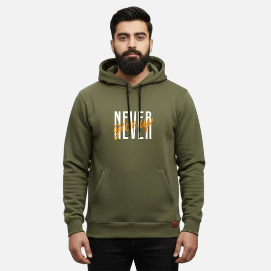 Sunnah Conscious olive green cotton hoodie with Never Give Up graphic print worn by a bearded man