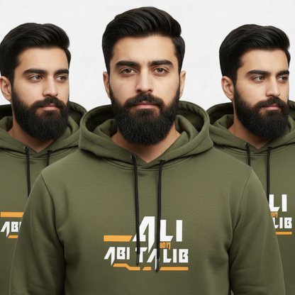 Sunnah Conscious olive green cotton hoodie featuring Ali ibn Abi Talib graphic print worn by a bearded man
