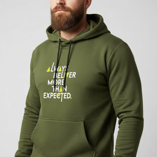 Sunnah Conscious olive green scuba fabric hoodie with kangaroo pocket and white graphic text on chest