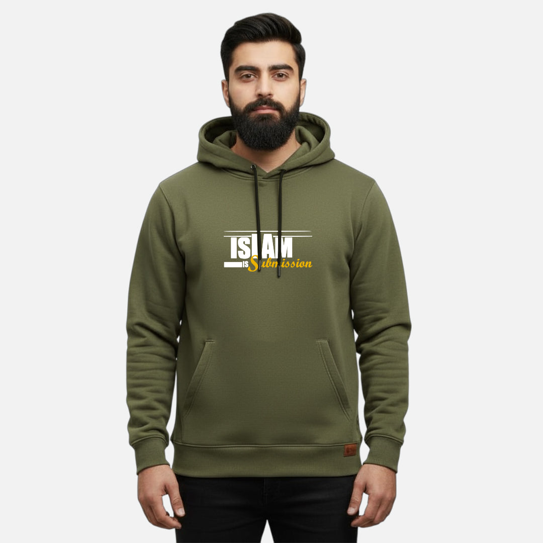 Sunnah Conscious olive green cotton hoodie with Islam is Submission graphic print on chest worn by a bearded man