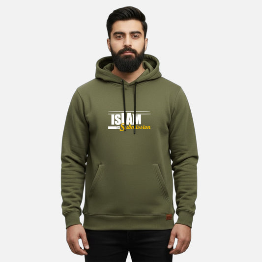 Sunnah Conscious olive green cotton hoodie with Islam is Submission graphic print on chest worn by a bearded man