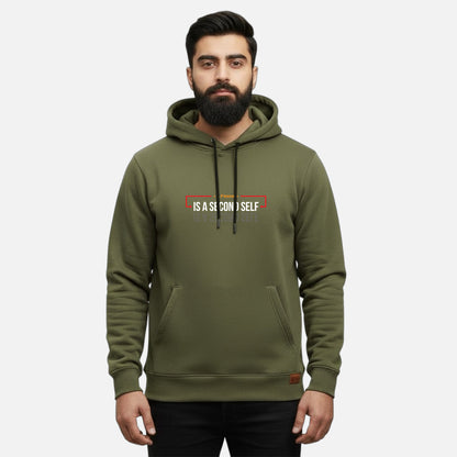 Sunnah Conscious olive green cotton kangaroo hoodie with A Friend is a Second Self graphic print on a bearded man.