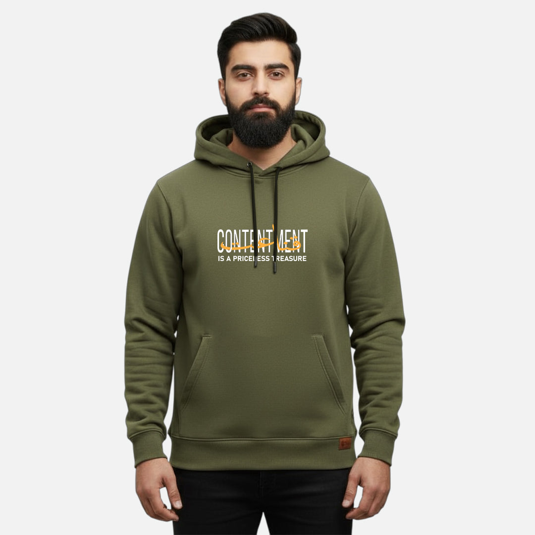 Sunnah Conscious olive green cotton kangaroo hoodie with Contentment is a Priceless Treasure text on a bearded man