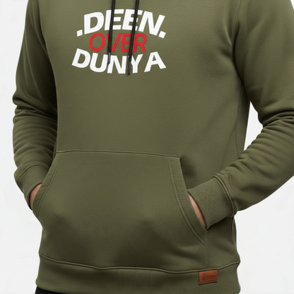Sunnah Conscious olive green cotton hoodie with Deen Over Dunya text print and front kangaroo pocket