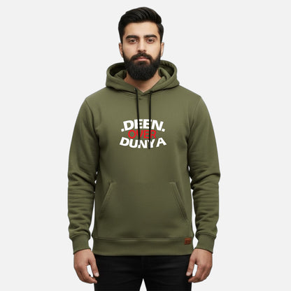 Sunnah Conscious olive green cotton kangaroo hoodie with Deen Over Dunya text print worn by a bearded man
