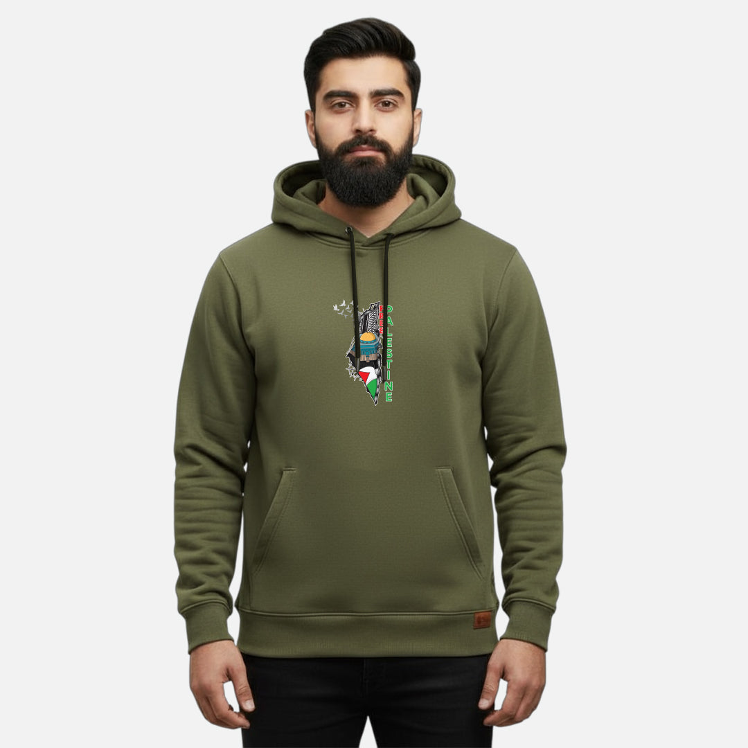 Sunnah Conscious olive green kangaroo hoodie with a Palestine solidarity graphic print on a bearded male model.