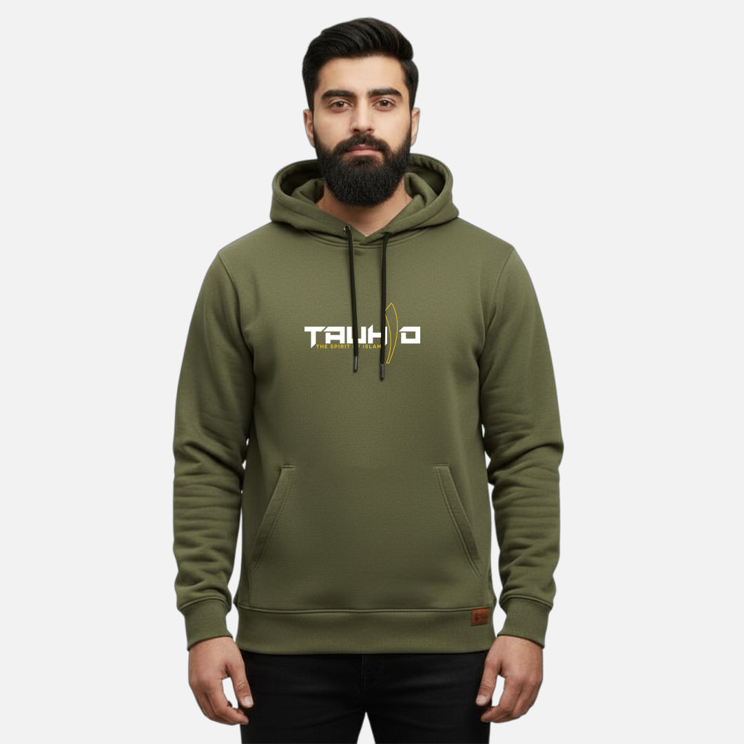Sunnah Conscious olive green cotton hoodie featuring Tauhid The Spirit of Islam graphic print on a bearded man
