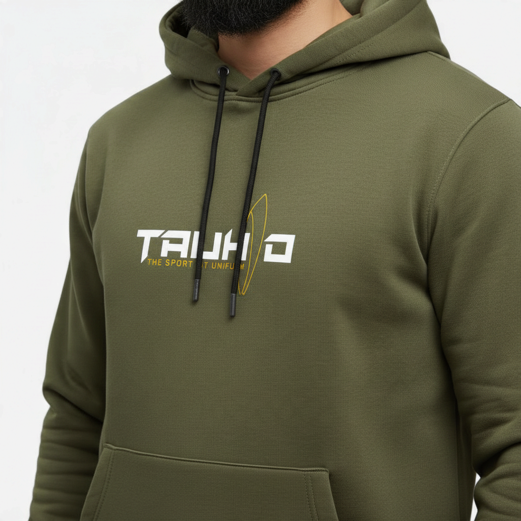 Sunnah Conscious olive green cotton hoodie featuring Tauhid The Spirit of Islam graphic print and front pocket