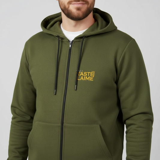 Sunnah Conscious olive green scuba fabric zip-up hoodie with black drawstrings and yellow chest embroidery