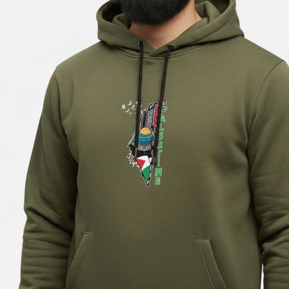 Sunnah Conscious olive green kangaroo hoodie featuring a Palestine map graphic with a dome and flag design