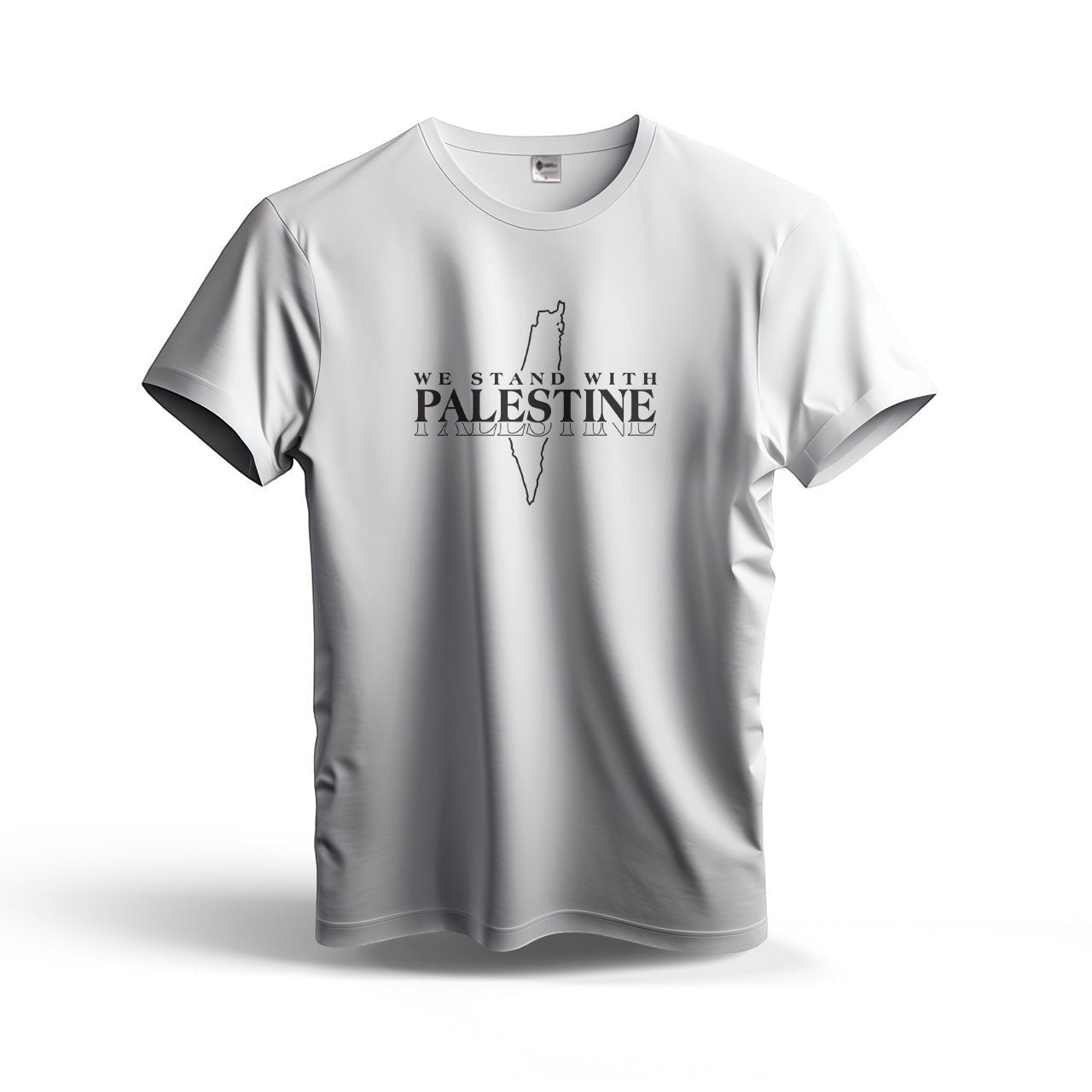 Sunnah Conscious white dry fit t-shirt with "We Stand with Palestine" graphic and map outline.