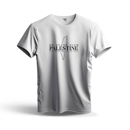 Sunnah Conscious white dry fit t-shirt with "We Stand with Palestine" graphic and map outline.