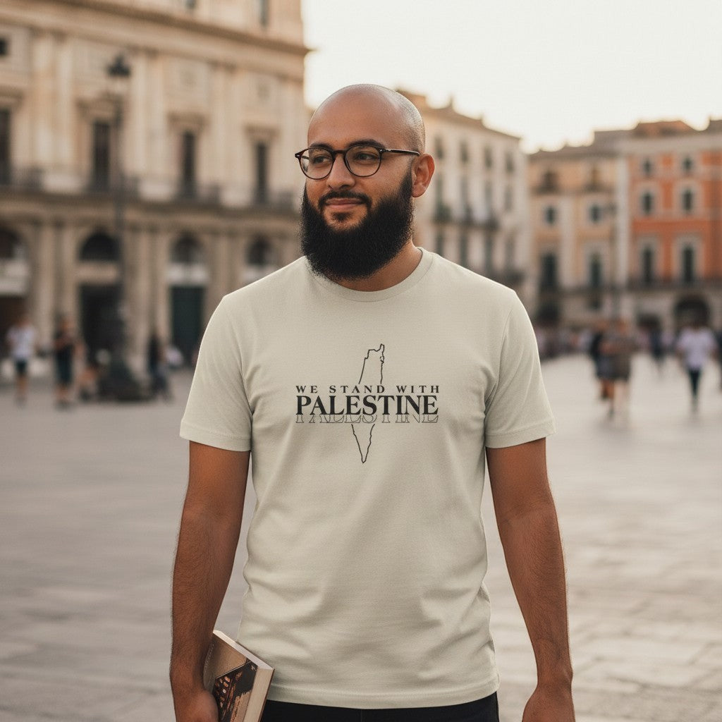 Sunnah Conscious light beige dry fit t-shirt with "We Stand with Palestine" graphic and map outline.