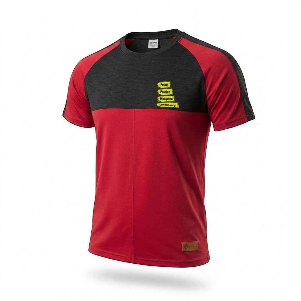 Sunnah Conscious men's red and charcoal raglan t-shirt with motivational text graphic on chest.