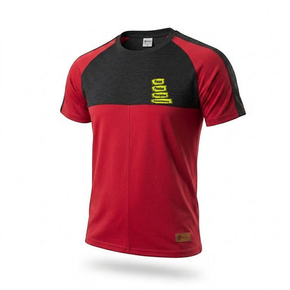 Sunnah Conscious men's red and charcoal raglan t-shirt with motivational text graphic on chest.