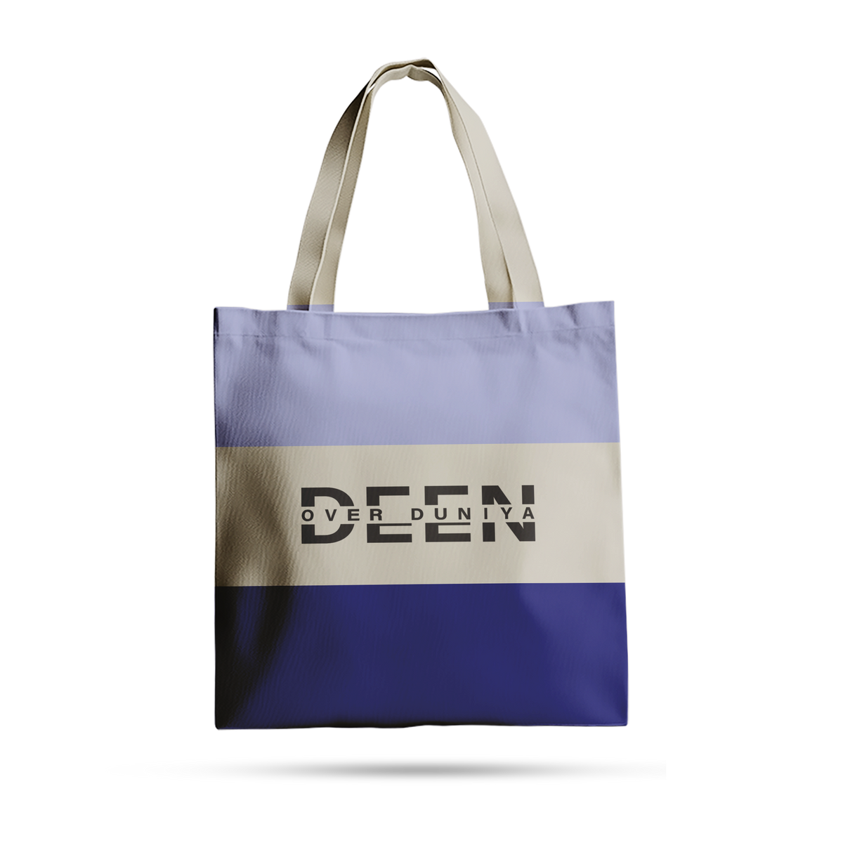 Sunnah Conscious three-color tote bag in light blue, beige, and dark blue with Deen Over Duniya graphic print.