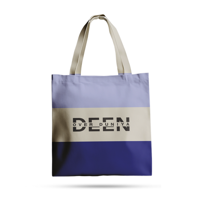 Sunnah Conscious three-color tote bag in light blue, beige, and dark blue with Deen Over Duniya graphic print.