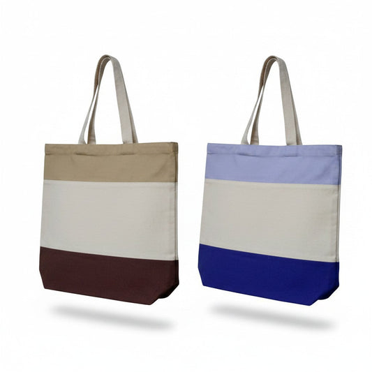 Sunnah Conscious reusable cotton tote bags in two tri-color designs with comfortable handles and natural finish.